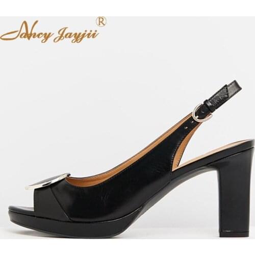 Large Size 11 12 High Block Heel Platform Sandals Woman Peep Toe Slingbacks Smooth Leather Metal Decoration Black Summer Fashion
