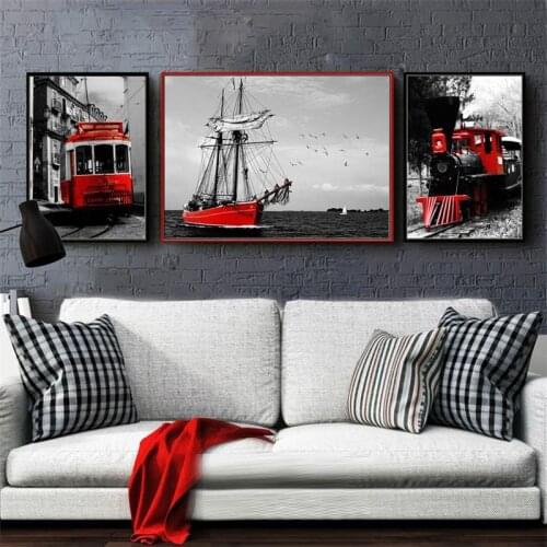 Nordic Vintage Scenery Black White Canvas Painting Red Train Boat Tram Seascape Poster Wall Art Print Living Room Home Decor