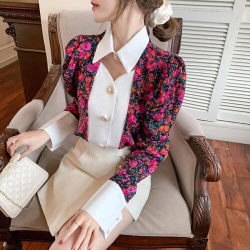 2021 Autumn Fashion design womens turn down collar long sleeve print flowers sweet retro blouse shirt plus size SML