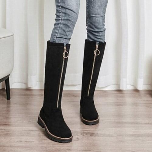PXELENA 2020 Plus Size 34-43 Women Punk Riding Knight Combat Boots Knee High Low Heels Front Zip Shoes Military Goth Black White