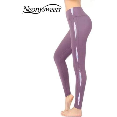 Sugar Pocket Women High Waist Brushed Yoga Pants Strip Printing Workout Leggings Gym Pants Fitness Exercise Tights