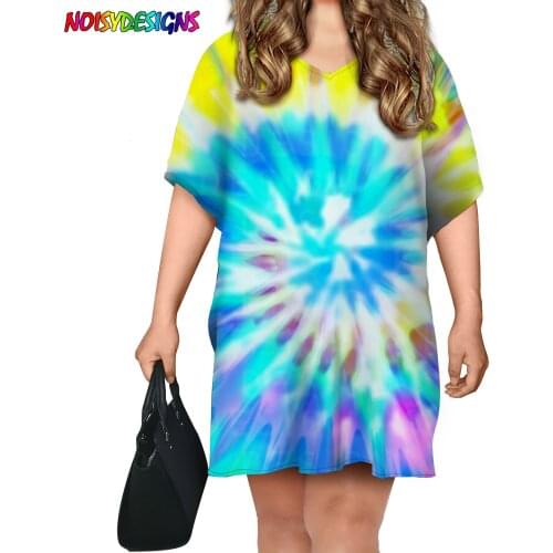NOISYDESIGNS Woman Blue Tie Dye Dress Plus Size Casual Ladies Dresses Round Neck Summer Dress Fashion Vacation Dropshipping