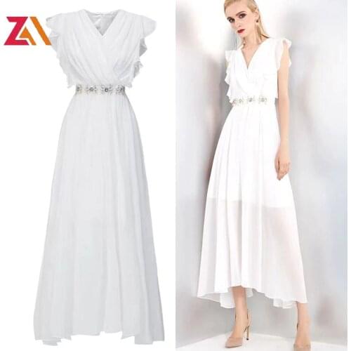 ZALady designer white evening dress chic v-neck elegant Diamond ruffles sleeveless beach Bohemia formal maxi dresses vestidos