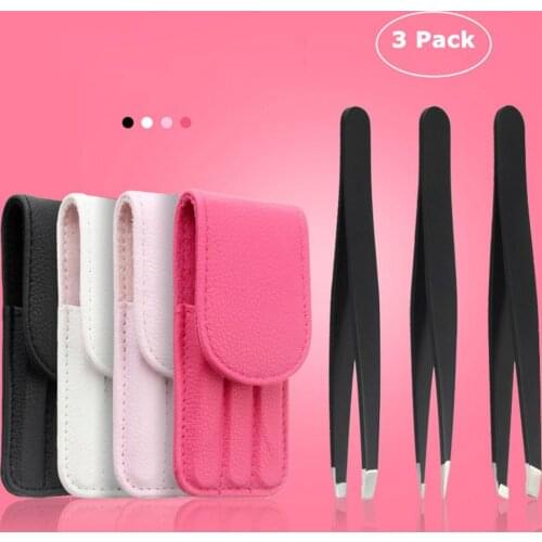 3 Pcs/Set Eyebrow Tweezers Stainless Steel Point Tip/Slant Tip/Flat Tip Hair Removal Makeup Tools Eye Brow Clips with Case TSLM1