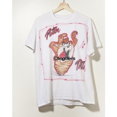 90s Vintage Custom Airbrush Taz White T Shirt Name Peter Looney Tunes Warner Bros. Cartoon Illustration Hand Made Rap