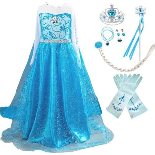 Children Princess Costume Snow Elsa Queen Party Dress Cosplay 2 Christmas Birthday Fancy Clothing Carnival Outfits Blue Disguise