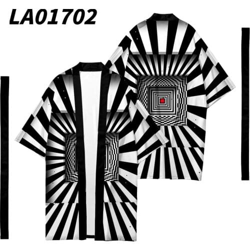 Distorted Visual Arts Printed Long Style Japanese Kimono Cardigan With Belt Couple Women Men Casual Asian Clothes Harajuku