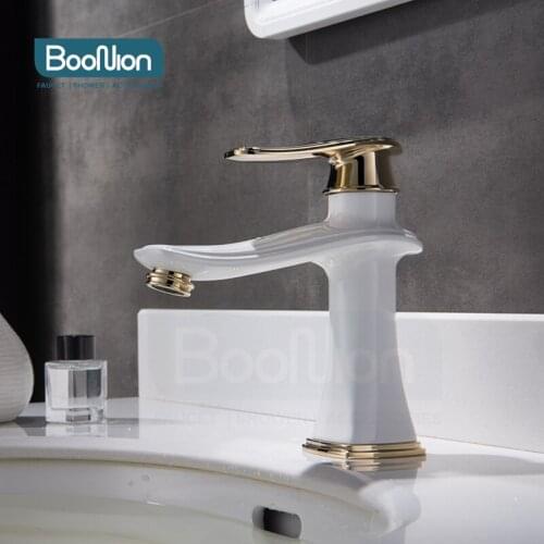 Boonion brass basin mixer White-gold bathroom tap single handle hot & cold single hole simple style