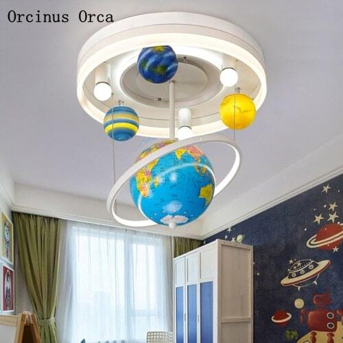 Cartoon Creative Rotary Globe Chandelier Boys Bedroom Childrens Room Light Modern Simple LED Planet Chandelier free shipping