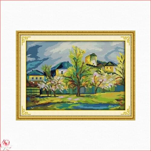 Joy Sunday Beautiful Village Scenery Cross Stitch Kits Ecological Cotton Stamped Printed 14CT 11CT DIY Easy to Use Home Deco