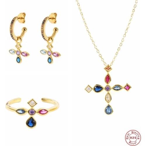 Luxury Colorful Zircon Cross Pendant Necklaces S925 Sterling Silver Drop Earrings for Women Wedding Rings Charming Jewerly Set