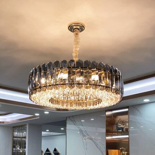 Modern Luxury Living Room Lighting Gray K9 Crystal E14 Led Pendant Lights Gold Metal Chain Suspend Light Led Droplight Fixtures