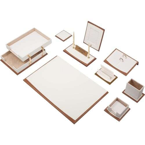 Star Luxury Leather & Wooden 11 Pieces Desk Set With Double Document Tray Desk Organizer Office Accessories Desk Accessories