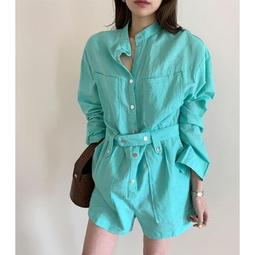 TVVOVVIN Long Women Sleeve Jumpsuit Vintage Short Rompers Womens Jumpsuit Khaki Vintage Casual Jumpsuit Shorts Autumn 2020 LV3J