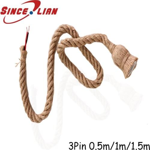 0.5m 1m 1.5m Vintage Rope Wire Twisted Cable Hemp Rope Cord Pendant Lamp Wire 3pin Vintage Lamp Cord Fabric Electric Cord