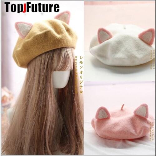Japanese girl Kawaii Beret Hat Soft sister Sweet Biscuits Hat Beret Wool Hat Painter Hat cat Spring & Autumn New Side Folder