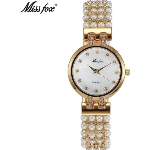 Miss Fox Brand Fashion Diamond Water Quartz Women Watches Golden Ladies Pearl Bracelet Watch gift Relogio Feminino Reloj Mujer