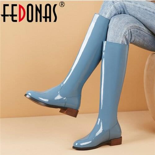 FEDONAS Women Fashion Solid Genuine Leather Knee High Boots Night Club Shoes Woman Square Heels Female Silm Long Riding Boots