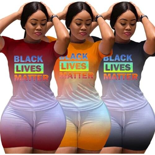 Women Gradient Color Letter Print Two Piece Set Short Sleeve T-shirts +Shorts Jogger Suit Tracksuit Matching Set Outfits S-XXL
