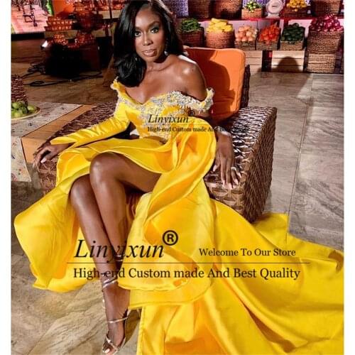 Sexy Bright Yellow Long Prom Dresses High-Low Full Sleeve Off the Shoulder Formal Evening Gown High Side Split Robes De soiree