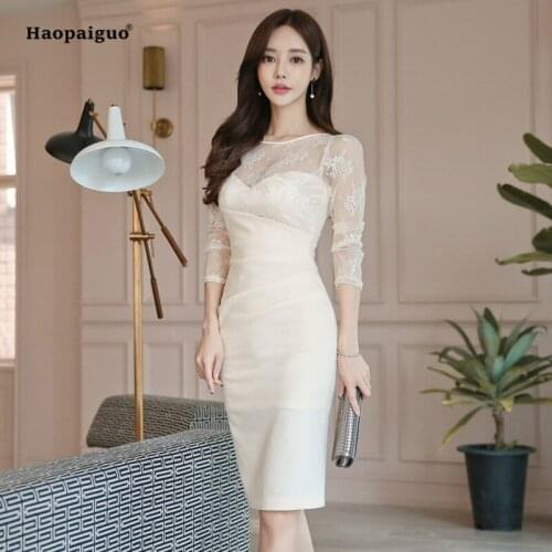 Plus Size Pencil Dress 2018 Women Beige Full Sleeve O-neck Knee-length Lace Elegant Vintage Office Dress Party Autumn Dresses
