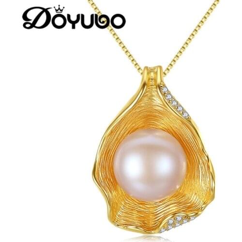 DOYUBO Classical Womens Sterling Silver Shell Shape Necklace 10MM White / Pink Freshwater Pearl Pendant Necklace Jewelry VA246