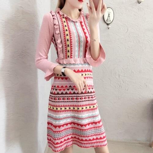 Runway 2019 Autumn Sweet Pink Rainbow Striped Bright Silk Knitting Dress Women Long Sleeve Ruffes Peter Shine Sweater Dress