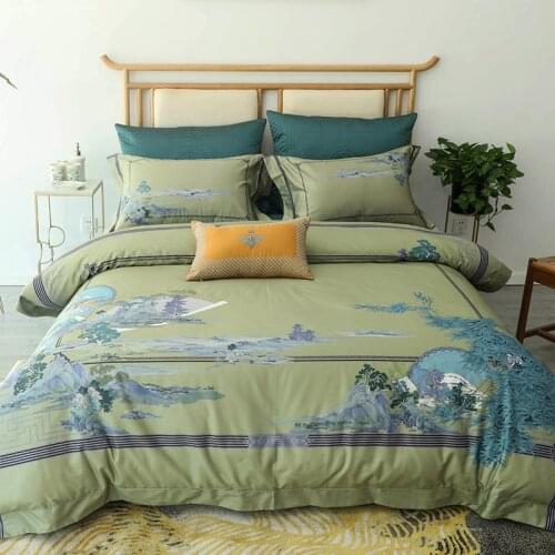 100S Chinese ink style Bedding Set long-staple cotton Bed Set Light green Duvet Cover Set Queen King size Bed Sheet Pillowcases