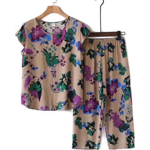 2021 Summer Mothers Print Suit 2-piece sets Pullover Short Sleeve Tops+Pants Plus size Loose thin Casual Grandma Clothing Sets