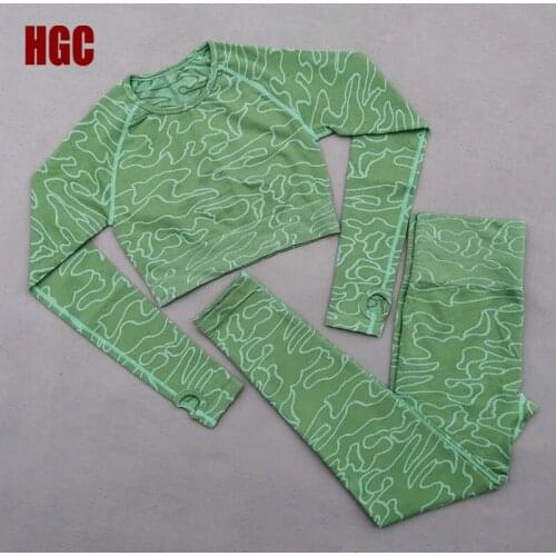 HGC Seamless Suit Long Sleeve Sport Leggings Top 2 Piece Yoga Set Women Back Hollow High Elastic Fitness Sportwear Gym Clothes