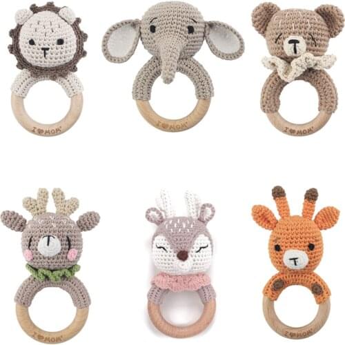 Baby Rattles DIY Crochet Cartoon Lion Fox Doll Hand Bell Carved Wooden Ring Teething Toys Newborn Molar Teether Educational Toy