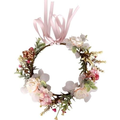 Childrens headdress wreath headband pink ribbon bow headband flower hair accessories