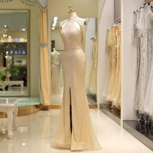 Dubai 2020 Luxury Evening Dress Mermaid Beading High Collar Sequines Sleeveless Formal Party Gown