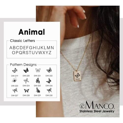 EManco Elegant Butterfly Stainless Steel Necklace Engrave Charm Necklace Gold Square Pendant Minimalist Women Jewelry
