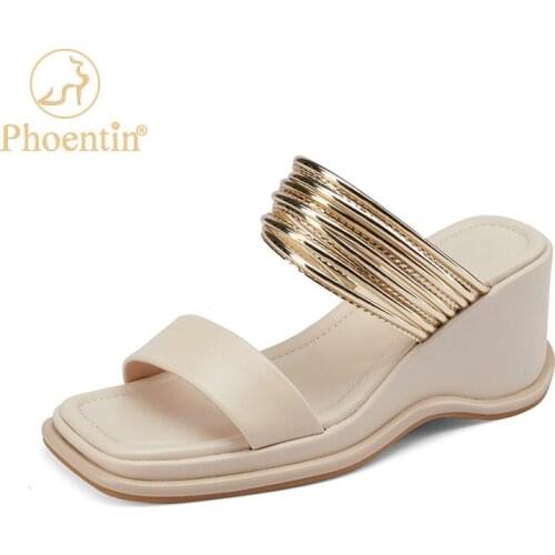 Elegant Wedge high heels slippers woman Genuine Leather sandals 2021 summer open toe sexy party out door shoes Phoentin FT1532