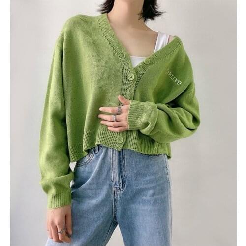 Letter Emboridery V-neck Knitted Womens Cardigan Solid Green Long Sleeve Loose Single Breasted Loose Ladies Sweaters Casual New