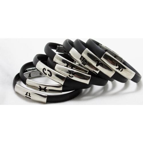 12 Constellations Signs Stainless Steel Bracelets Men Women Black Rubber Charm Casual Personality Bracelet Bangle