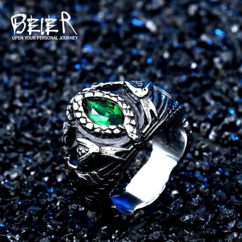 BEIER new store Double Snake King Entangled Animal Ring Green Stone Eye Mens Ring High Quality Jewelry LLBR8-599R