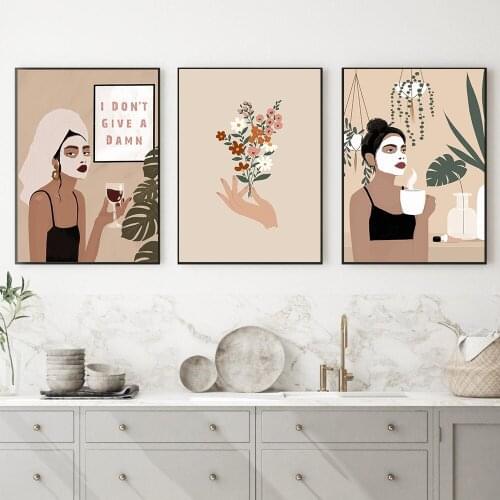 African Woman Wall Art Print Posters Boho Canvas Painting Fashion Black Girl Bathing Facial Mask Lady Hand Flower Home Decor