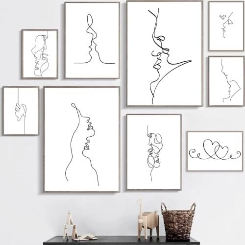 Love Black And White Prints Abstract Couple Kiss Wall Art Poster Single Line Drawing Canvas Painting Picture Romantic Gift Decor