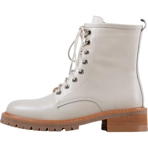 Autumn Winter Platform 100% Leather Boots Women Casual Ankle For Shoes Woman Leather Lace Up Shoe Ladies Snow White