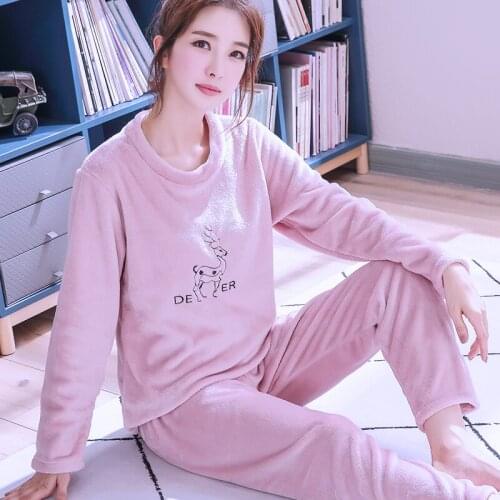 H5743 Autumn Winter Coral Fleece Pajamas Ladies Thickened Flannel Sleepwear Suit Long Sleeve Warm Cute Korean Household Clothing