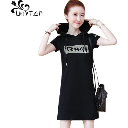 UHYTGF Fashion Sweatshirt Summer Dress Women Hooded Pullover Casual female Dress Black Red Solid color 3XL plus size dresses 945