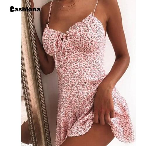 Sexy Women Summer Chic Dress 2020 Mini Floral Print V-neck Casual Lace-up Strappy Dresses Female Leisure Short Dress Vestidos