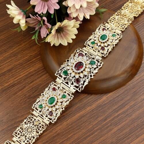 Sunspicems Gold Color Square Crystal Belt For Women Flower Morocco Algeria Wedding Jewelry Body Chain Arab Caftan Robe Belt Gift