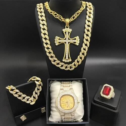 Luxury Men Gold Watch & Neckalce & Braclete & Ring & Earrings Combo Watch Set Ice Out Cuban Hip Hop Necakcle Chain For Men