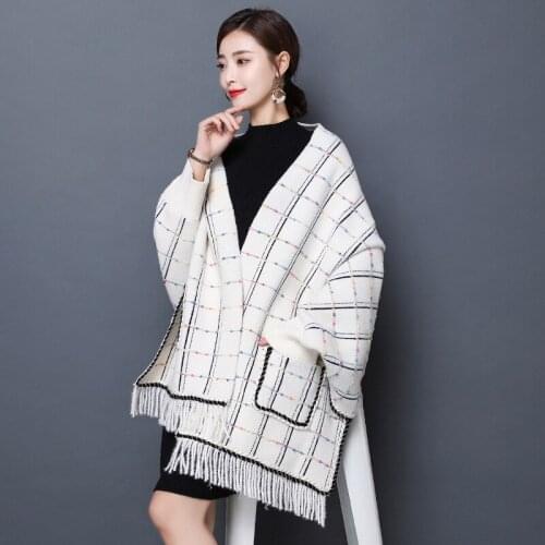 ZJZLL Hot Autumn Winter Women Bright Silk Knitted Plaid Shawl With Sleeves Plus Fat Size Joker Cashmere Poncho Cloak Cardigan