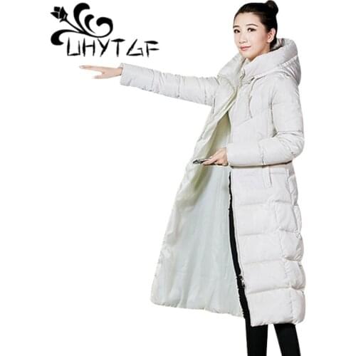 UHYTGF Warm Down Cotton Coat Hoodies Red Coats Winter Jacket Women Long Coat Harajuku Plus size Female Parka 2018 Winter Clothes