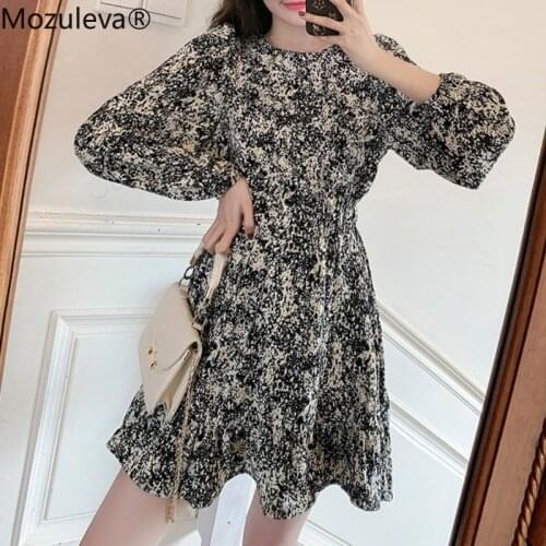 Mozuleva Elegant O-neck Print Dress 2021 Women Long Sleeve Sashes Belted High Waist Long Dress Female A-line Ladies Vestidos