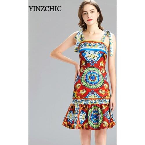 Vintage Print Woman Mid Dress Summer New Slim Mermaid Skirts Sexy Straped Female Party Skirts Knee-length Vestidos Femme